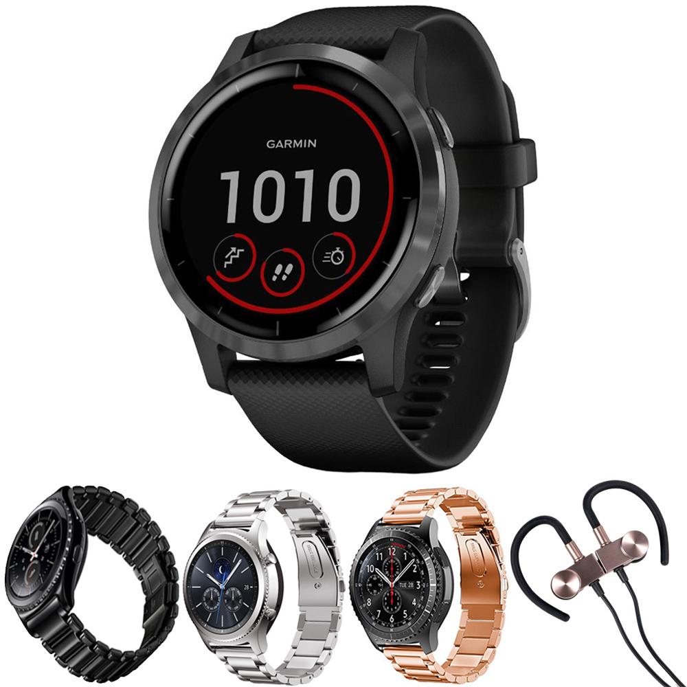 Garmin Vivoactive 4 Smartwatch (Black/Stainless) w/Extra Bands +Headphone  Bundle