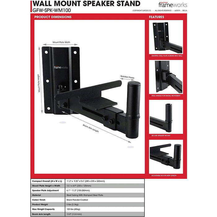 Gator Adjustable Wall Mount Speaker Stands (Pair)