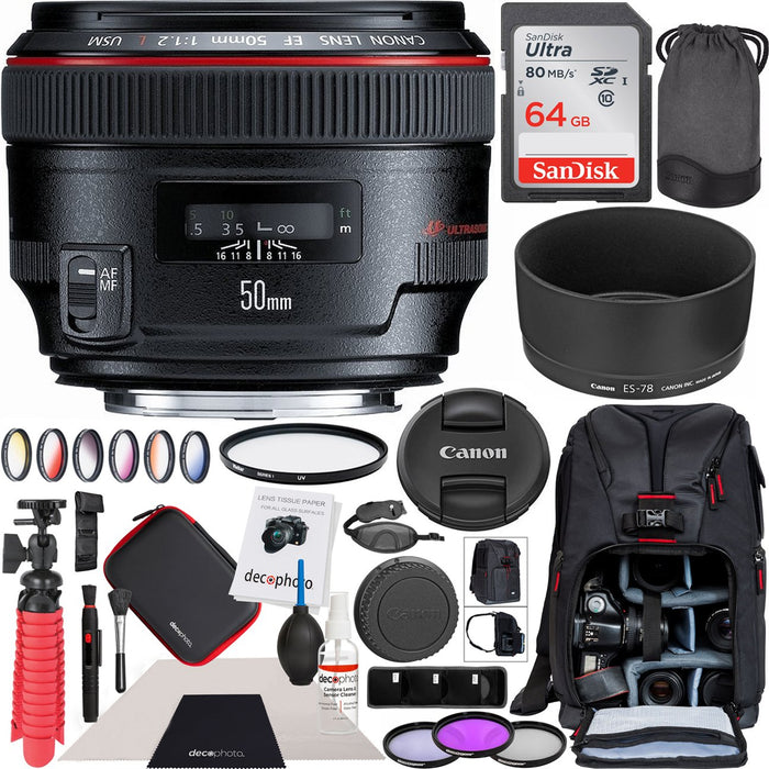Canon EF 50mm f/1.2L USM Standard Prime Lens 1257B002 72mm Filter Kit Backpack Bundle