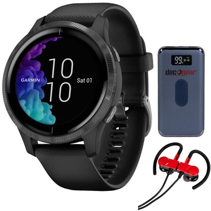Garmin Venu Amoled GPS Smartwatch - Black with Slate Hardware w/ Earbuds Bundle