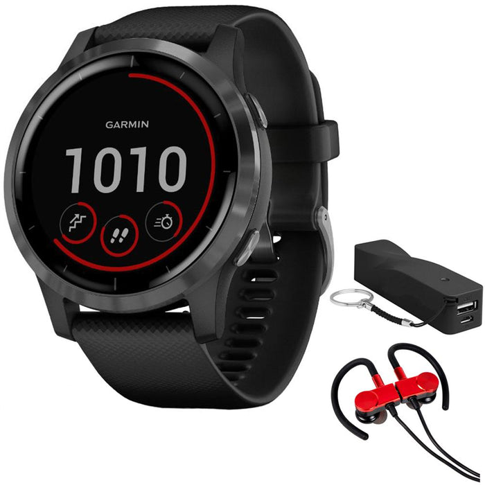 Garmin 010-02174-11 Vivoactive 4 Smartwatch (Black/Stainless) + Wireless Earbuds Bundle
