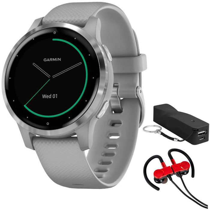 Garmin Vivoactive 4S Smartwatch (Powder Gray/Stainless) +Wireless Earbuds Bundle