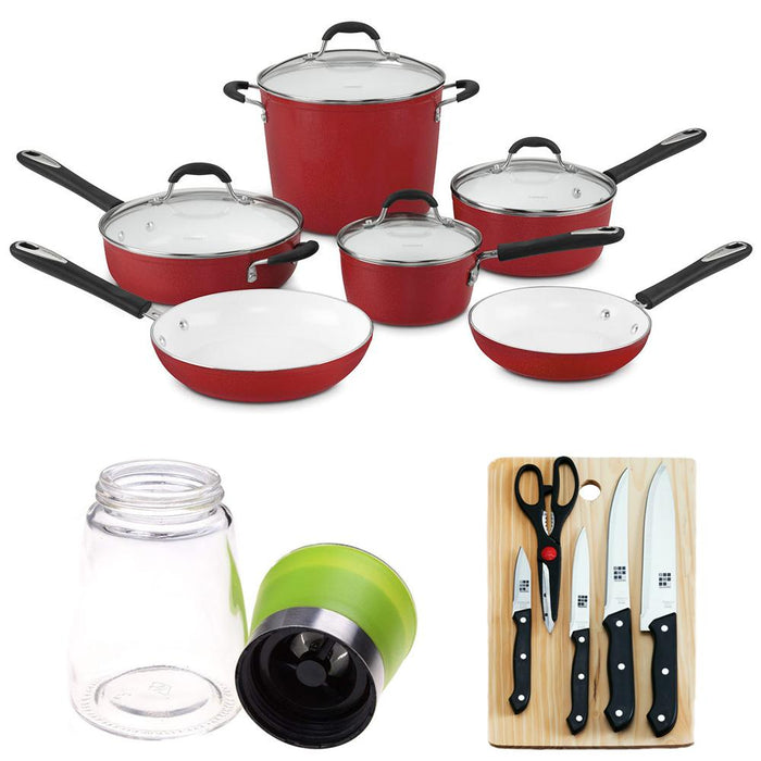 Cuisinart 10pc Elements Nonstick Pan Cookware Pot & Skillet Set Red w/ 5pc Knife Bundle