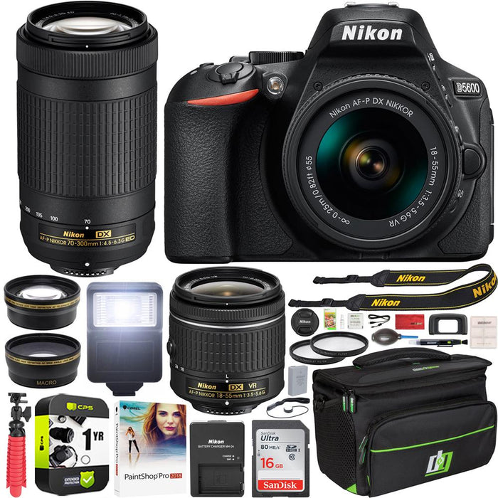 Nikon D5600 DSLR Camera 18-55 VR & 70-300 2 Lens + Ext. Warranty Case Accessory Bundle