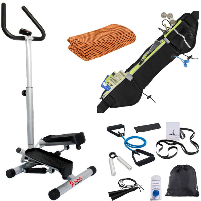 Sunny Health and Fitness Twister Step Machine Handlebar Adjustable Height & LCD Monitor + Workout Bundle