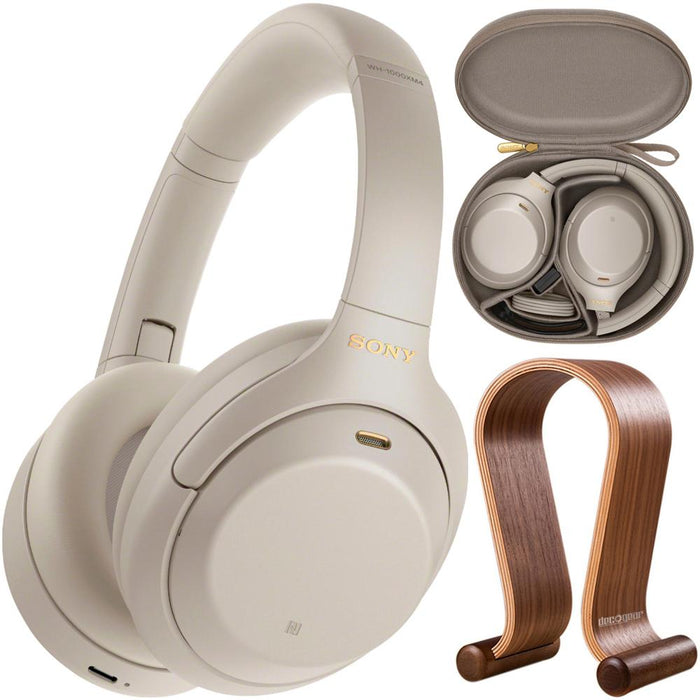 Sony WH1000XM4/S Noise Cancelling Wireless Headphones + Wood Headphone Stand