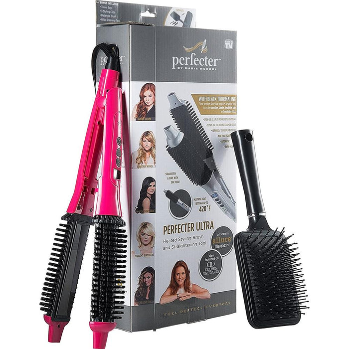 Perfecter Flat Iron Hair Straightener & Hot Round Brush 2-in-1 (Pink)