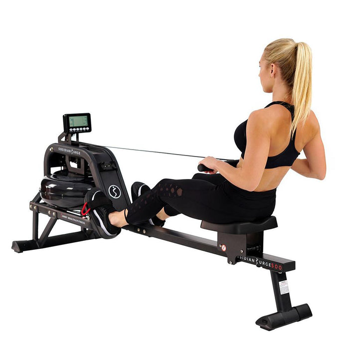 Sunny Health and Fitness Obsidian Surge Water Rowing Machine + Fitness Bundle