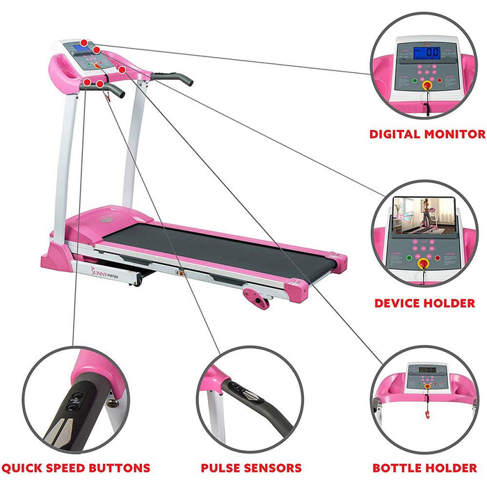 Sunny Health and Fitness Pink Treadmill w/ Manual Incline & LCD + Fitness Bundle