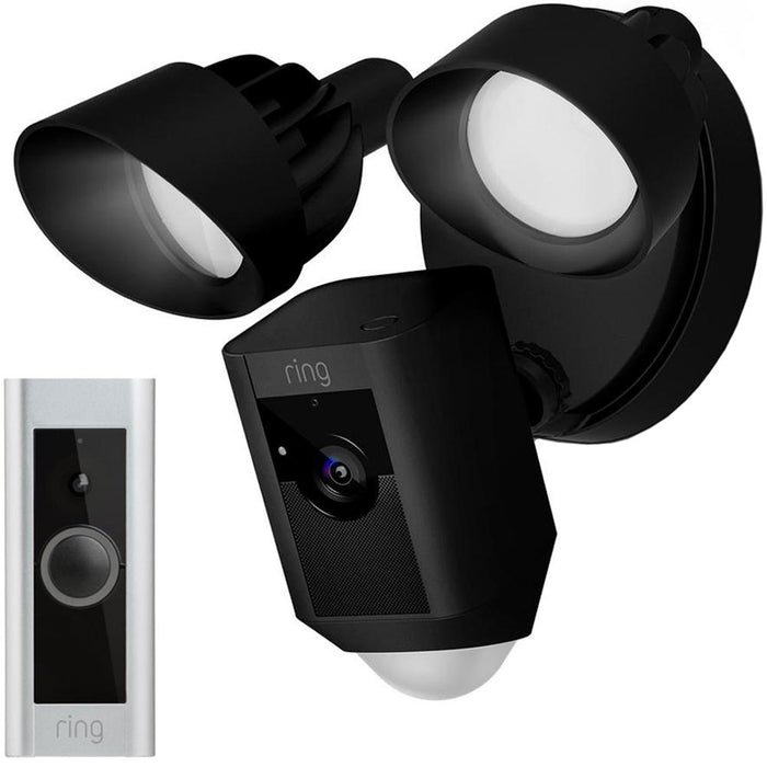 Ring Outdoor Floodlight Camera, Black Certified Refurbished w/Video Doorbell Pro