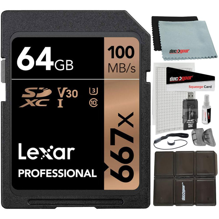 Lexar Professional 667x 64GB SDXC UHS-3 Class 10 Memory Card + Accessory Bundle