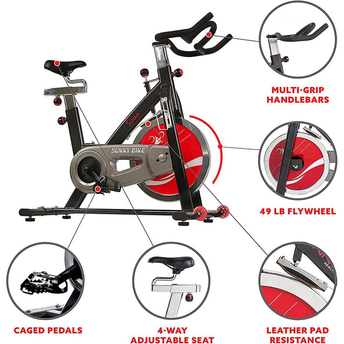 Sunny Health and Fitness SFB1002 Belt Drive Indoor Cycling Bike 49lb Flywheel + Fitness & Wellness Bundle