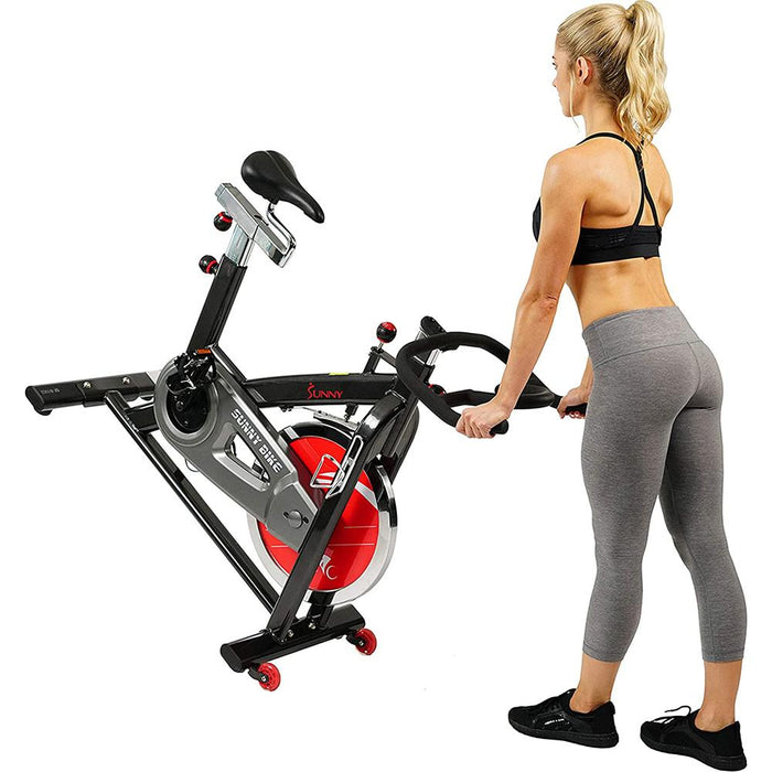 Sunny Health and Fitness SFB1002 Belt Drive Indoor Cycling Bike 49lb Flywheel + Fitness & Wellness Bundle