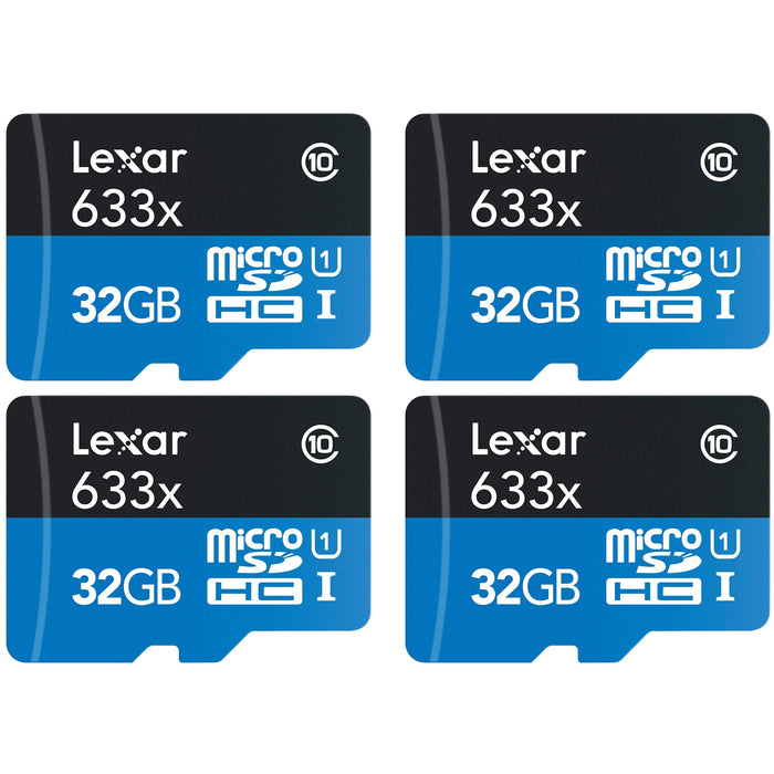 Lexar 4 Pack 633x 32GB (128GB Total) MicroSDHC UHS-I Memory Cards + SD Adapter Bundle