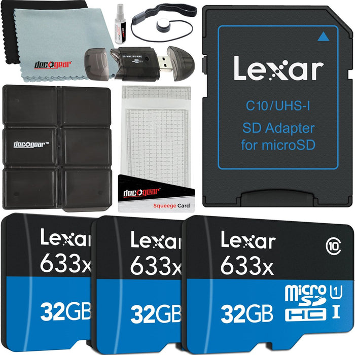 Lexar 3 Pack 633x 32GB (96GB Total) MicroSDHC UHS-I Memory Cards + SD Adapter Bundle