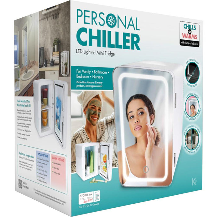 Kell Personal Chiller LED Lighted Mini Fridge with Mirror Door, White