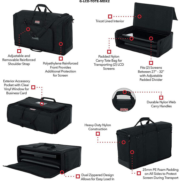 Gator Padded Nylon Dual Carry Tote Bag for (2) LCD Screens Monitors Between 27-32"