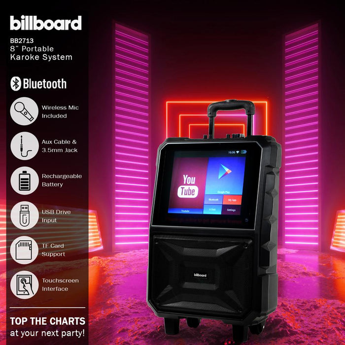Billboard 8" Portable Bluetooth Karaoke Speaker System w/ 15" LED Touchscreen, Stand & Mic