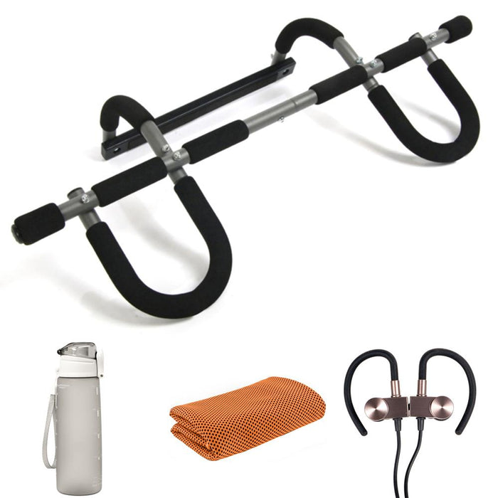 Stamina Doorway Pull Up Bar Trainer + Wireless Earbuds, Towel and Water Bottle