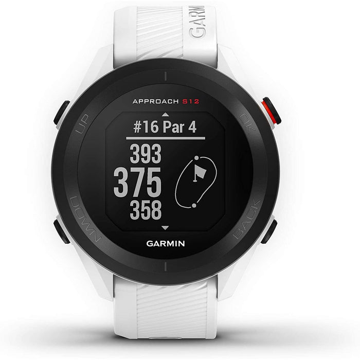 Garmin Approach S12 GPS Golf Watch, 42k+ Preloaded Courses (White) + Essential Bundle