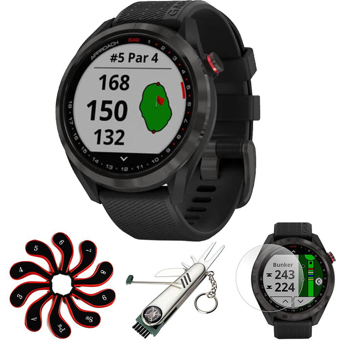 Garmin Approach S42 GPS Golf Watch, Gunmetal with Black + Essential Golf Bundle