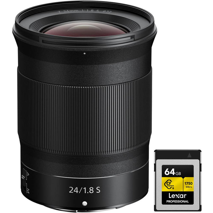 Nikon NIKKOR Z 24mm f/1.8 S Wide Angle Prime Lens for Z-Mount with 64GB Card