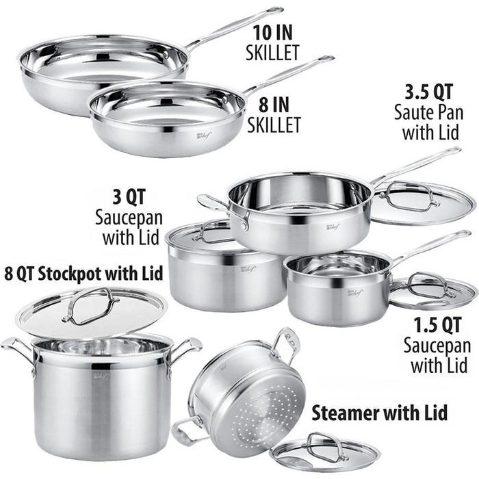 Deco Chef Stainless Steel Cookware 12 Piece Starter Set, Tri-Ply Core, Riveted Handles