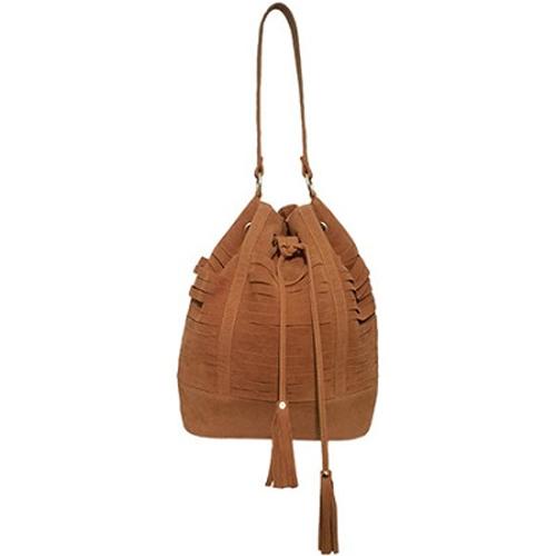 Yoki Suede Cage Bucket Bag with Pull String Tassels (Cognac) - 3050-CGN