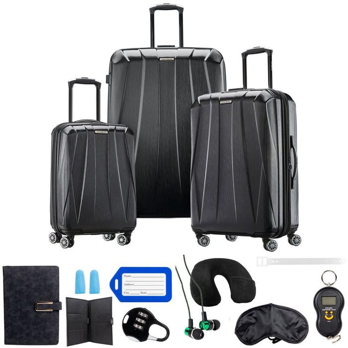 Samsonite Centric 2 Hardside Expandable Spinner Luggage 3pc Set Black w/ 10pc Accessory Ki