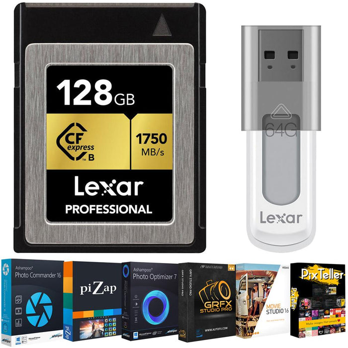 Lexar 128GB Professional CFX Type B Memory Card+Editing Suite & 64GB Flash Drive