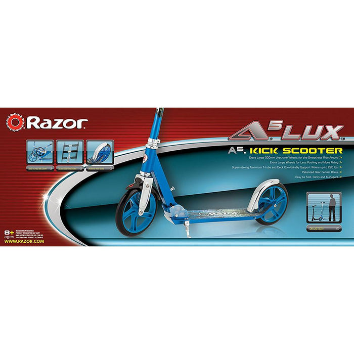 Razor A5 Lux Kick Scooter Blue with Veglo Commuter X4 Wearable Rear Light System