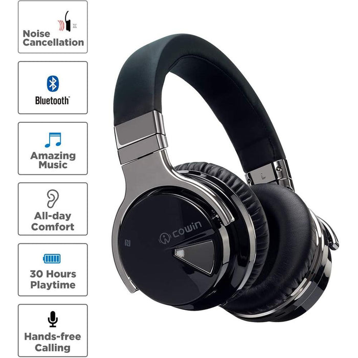 Cowin E7 Active Noise Cancelling Bluetooth Over-Ear Headphones, Black + Hard Case
