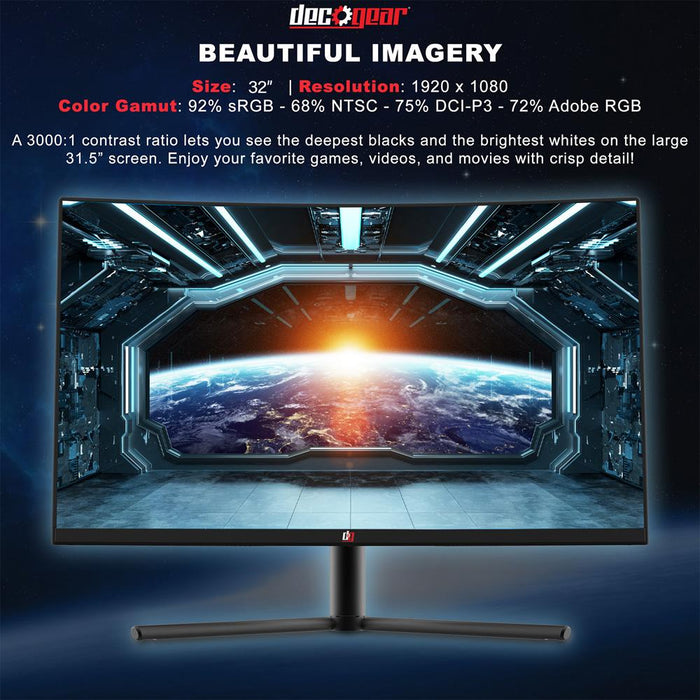 Deco Gear 32" 1920x1080 Curved Gaming Monitor, 3000:1 Contrast, 75 Hz, 6ms Refresh Rate