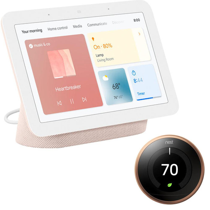 Google Nest Hub Display w/ Google Assistant, Sand (2nd Gen) + Learning Thermostat Copper