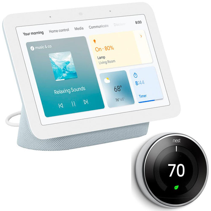 Google Nest Hub Display w/ Google Assistant, Mist (2nd Gen) + Learning Thermostat Steel