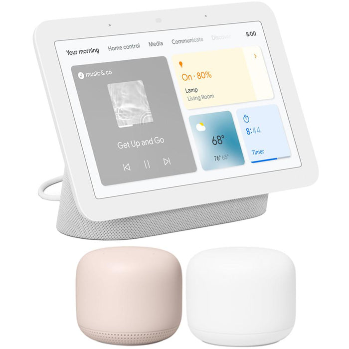 Google Nest Hub Smart Display with Assistant Chalk 2nd Gen + Router 2 Pack Sand