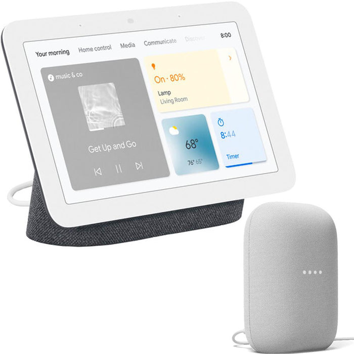Google Nest Hub Display with Assistant, Charcoal (2nd Gen) + Nest Smart Speaker