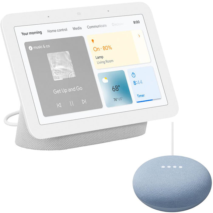 Google Nest Hub Smart Display with Assistant, Chalk (2nd Gen) + Mini Smart Speaker Sky Blue