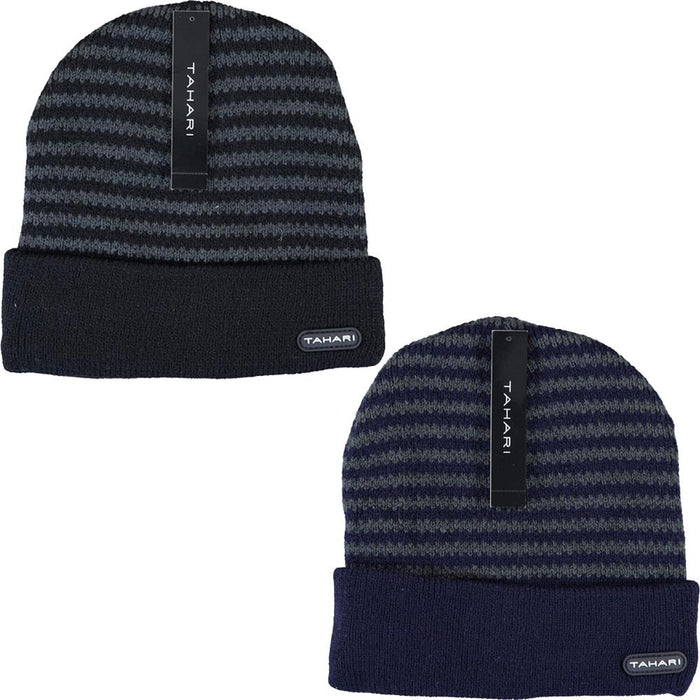 Tahari 2x Cuffed Knit Winter Beanie Ski Hat Insulated With Faux Fur(Unisex)(Black&Navy)