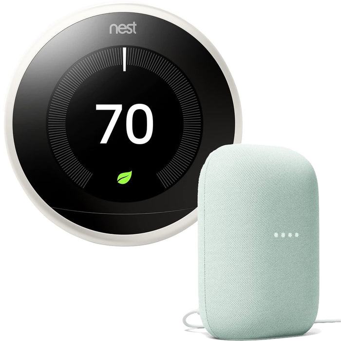 Google Nest 3rd Generation Learning Thermostat in White + Nest Audio Smart Speaker in Sage