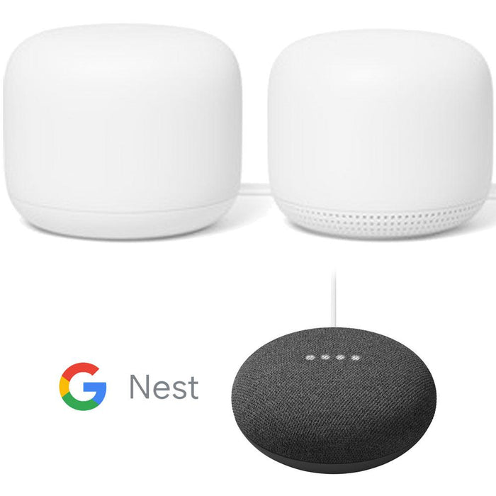 Google Nest Wifi Router + Access Point 2-Pk (Snow) Bundle with Mini Smart Speaker