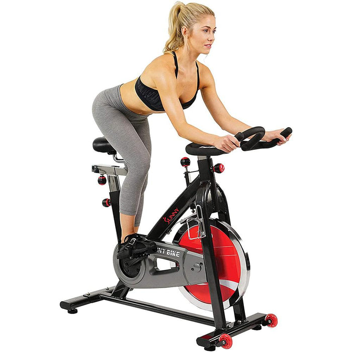 Sunny Health and Fitness Belt Drive Indoor Cycling Bike with Earbuds Bundle