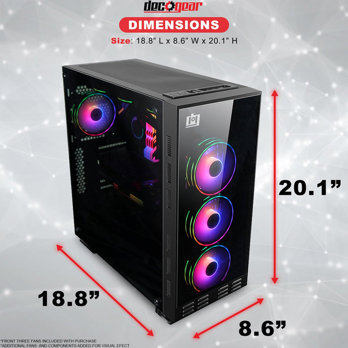 Deco Gear Mid-Tower PC Case with 3 Sided Tempered Glass, 3 RGB Cooling Fans and Controller