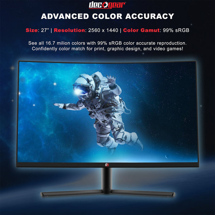 Deco Gear 27-Inch 2560x1440 Color Accurate VA Curved Monitor, 99% sRGB, 144Hz Refresh Rate