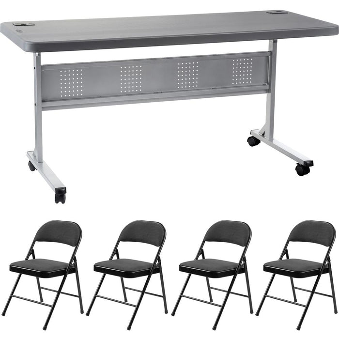 National Public Seating 24" x 60" Flip-N-Store Training Table, Charcoal Slate w/ 4x 900 Series Chairs