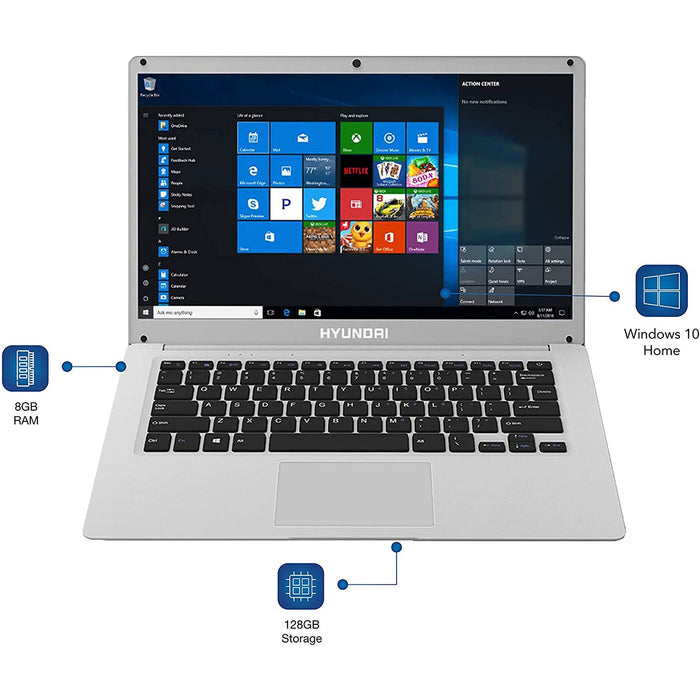 Hyundai HyBook 14.1" Celeron Laptop, 8GB RAM, 128GB SSD, RJ45, Windows 10 - Silver