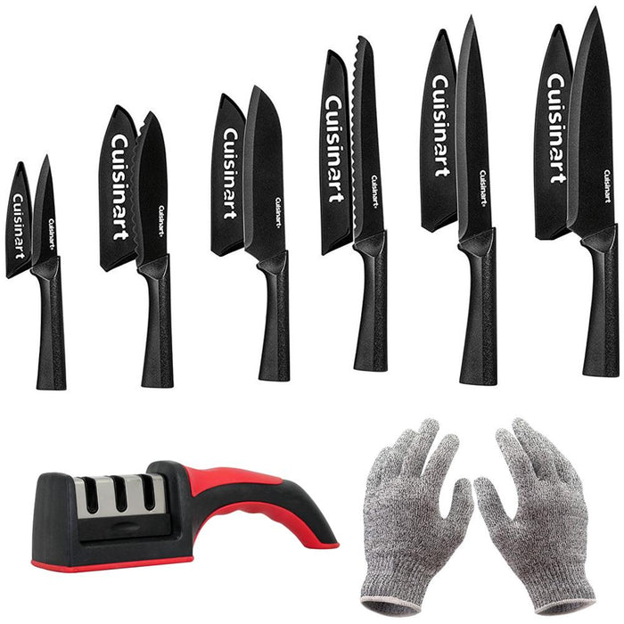 Cuisinart C55-12PMB 12Pc 6 Knife Set w/ Blade Guards Black +Safety Gloves +Knife Sharpener