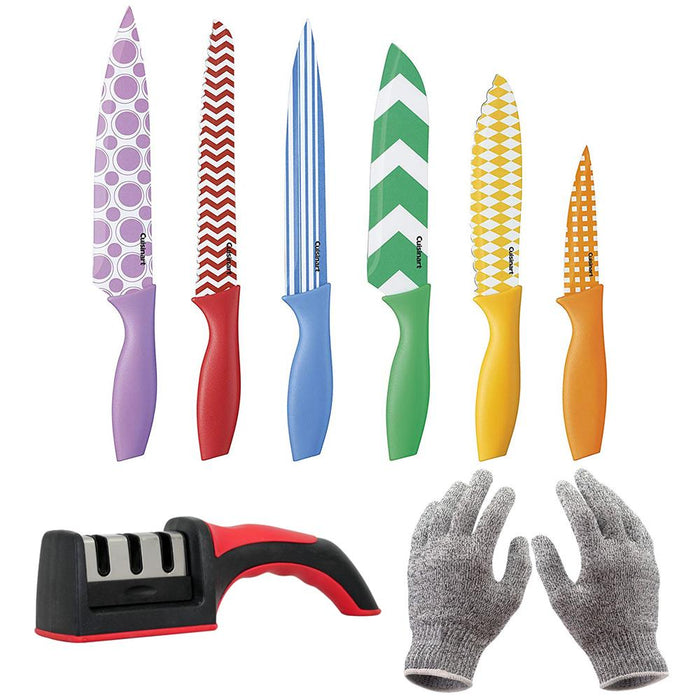 Cuisinart 12Pc Printed Color Knife Set w/ Blade Guards + Safety Gloves + Knife Sharpener