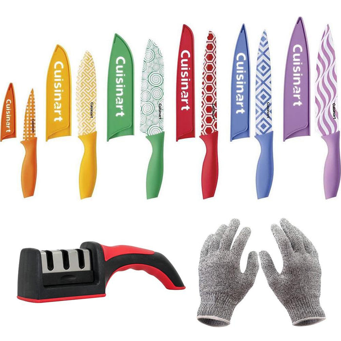 Cuisinart 12Pc Printed Color Knife Set w/ Blade Guards + Safety Gloves + Knife Sharpener