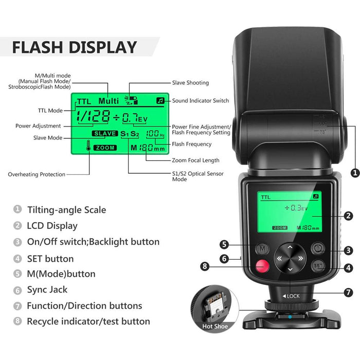 Neewer NW635 TTL GN58 Flash Speedlite LCD Compatible Sony MI Hot Shoe Mirrorless Camera